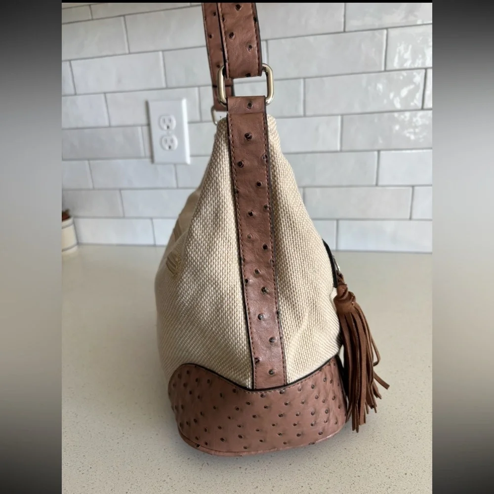 Giani Bernini Embossed Vegan Ostrich Leather Canvas Hobo Shoulder Bag Purse Tan